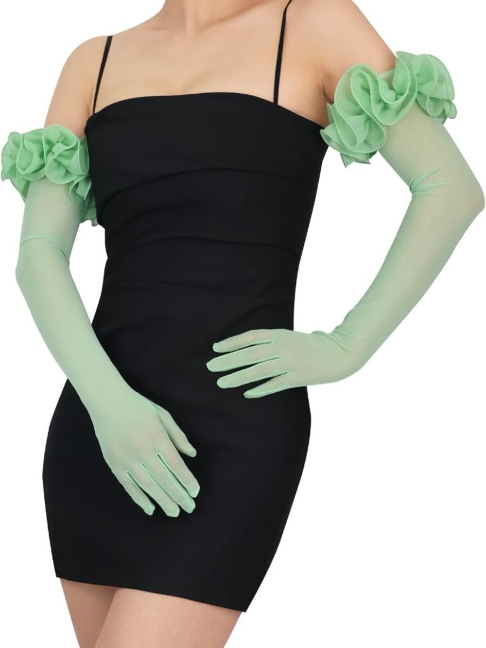 Women's Sheer Mesh Tulle Opera Gloves with Floral Ruffles - Stretchy & Elegant